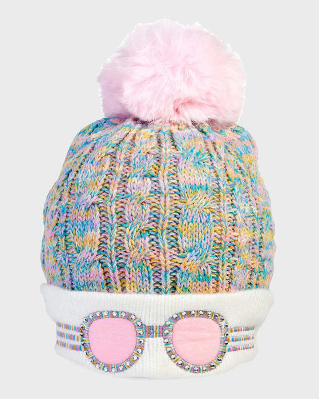 Kid's Rainbow Rib-Knit Beanie w/ Faux-Fur Pompom